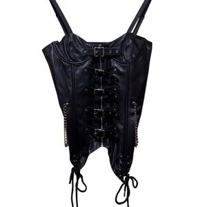 Elegant Moments Leather Black Buckle Chain Corset Top Womens 36 Whimsigoth Punk